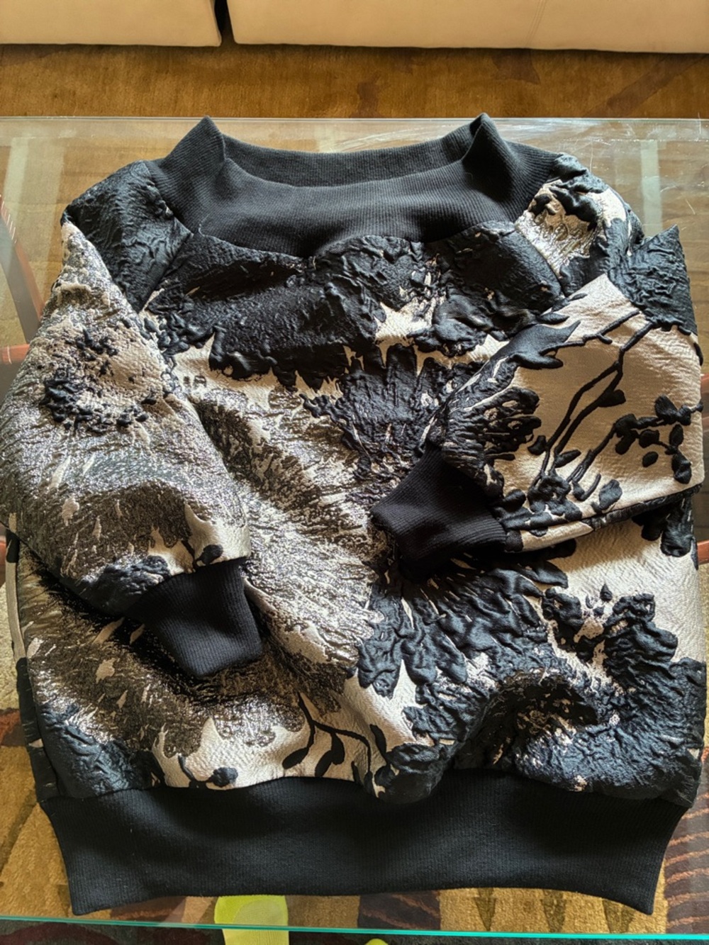 Elegant Escada Black and Silver Textured Floral Sweatshirt type Top